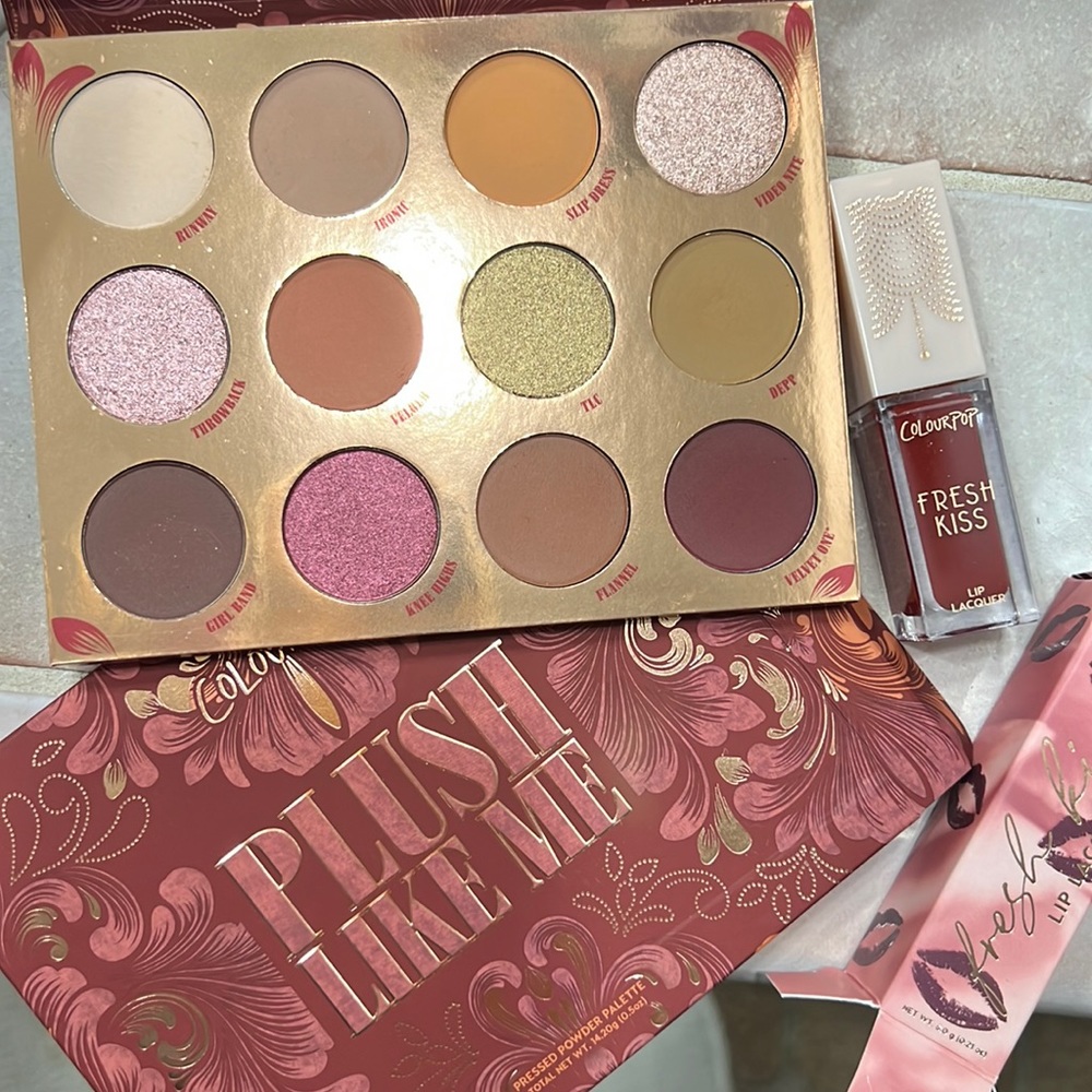 Colourpop deep red Plush Like Me palette + Fresh Kiss lipgloss bundle NIB new